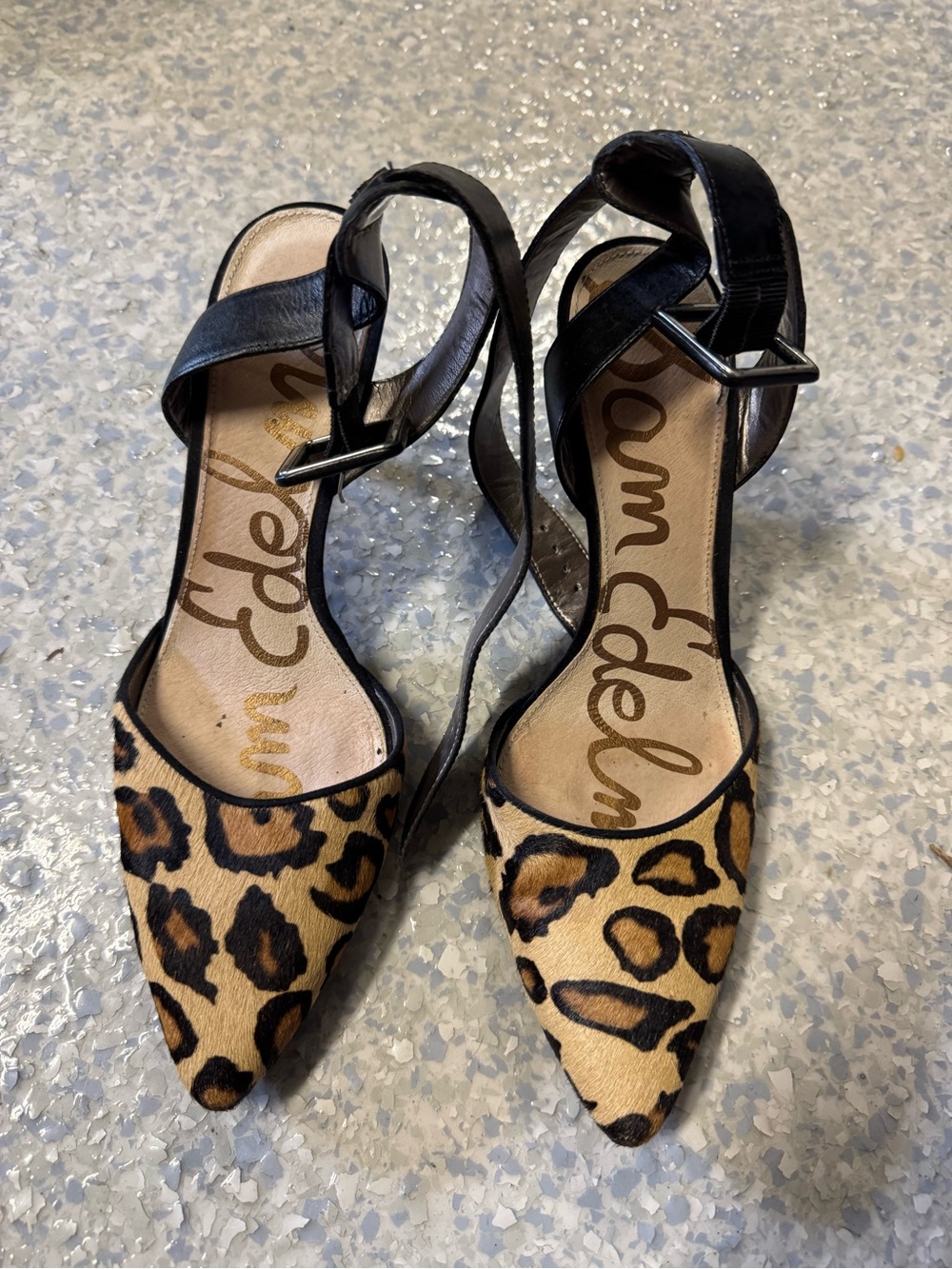 Sam Edelman Leopard Print Pointed-Toe Ankle Strap Heels - Black & Tan